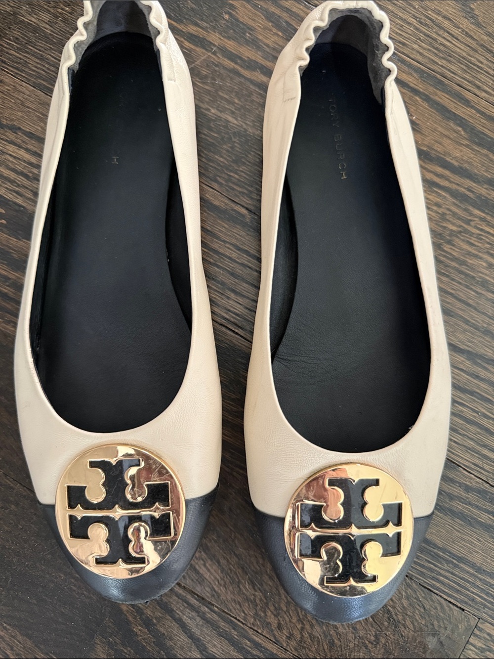 Tory Burch Two-Tone Leather Ballet Flats with Gold Logo